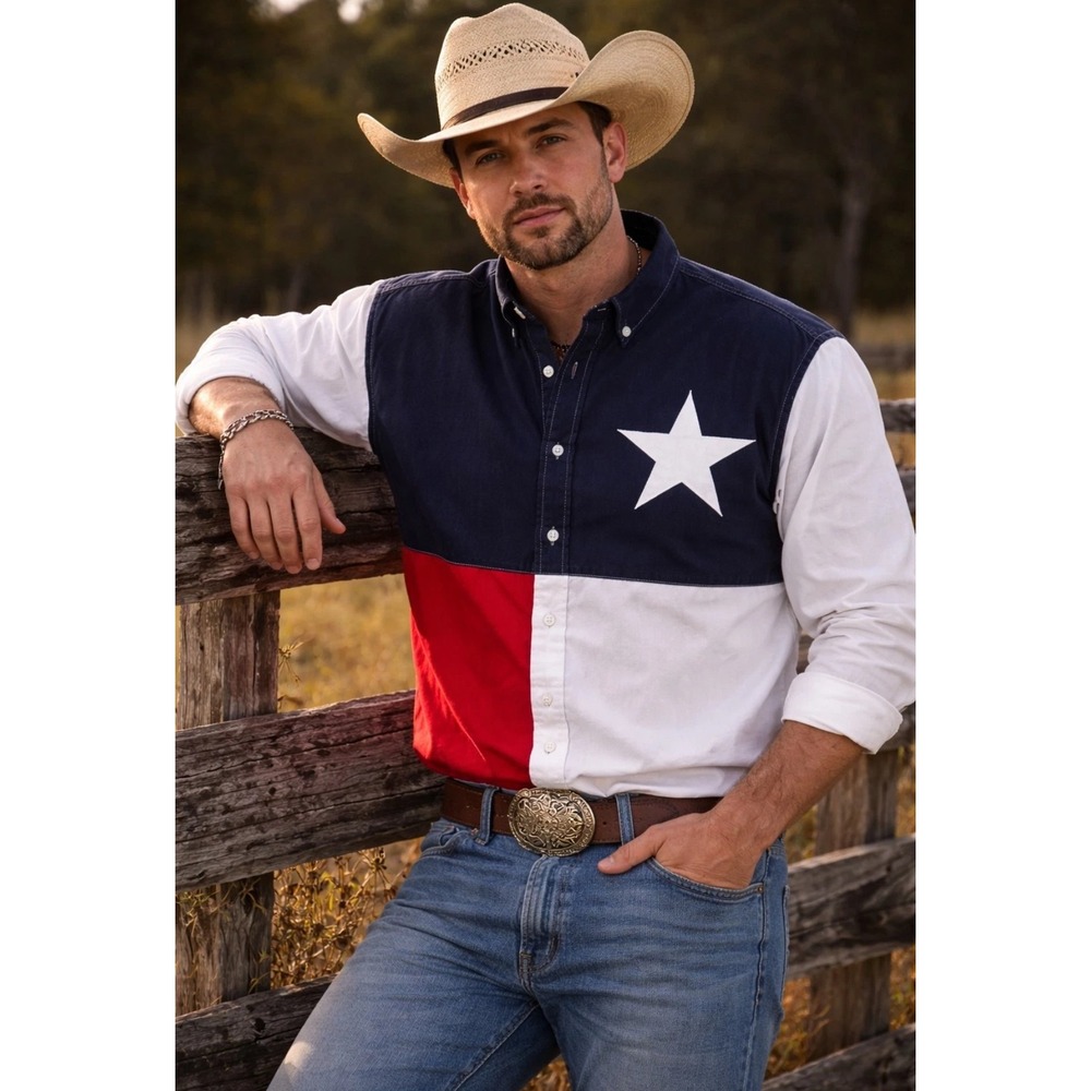Wrangler Western Shirt Mens XL Texas Flag Lone Star Button Down Red White Blue